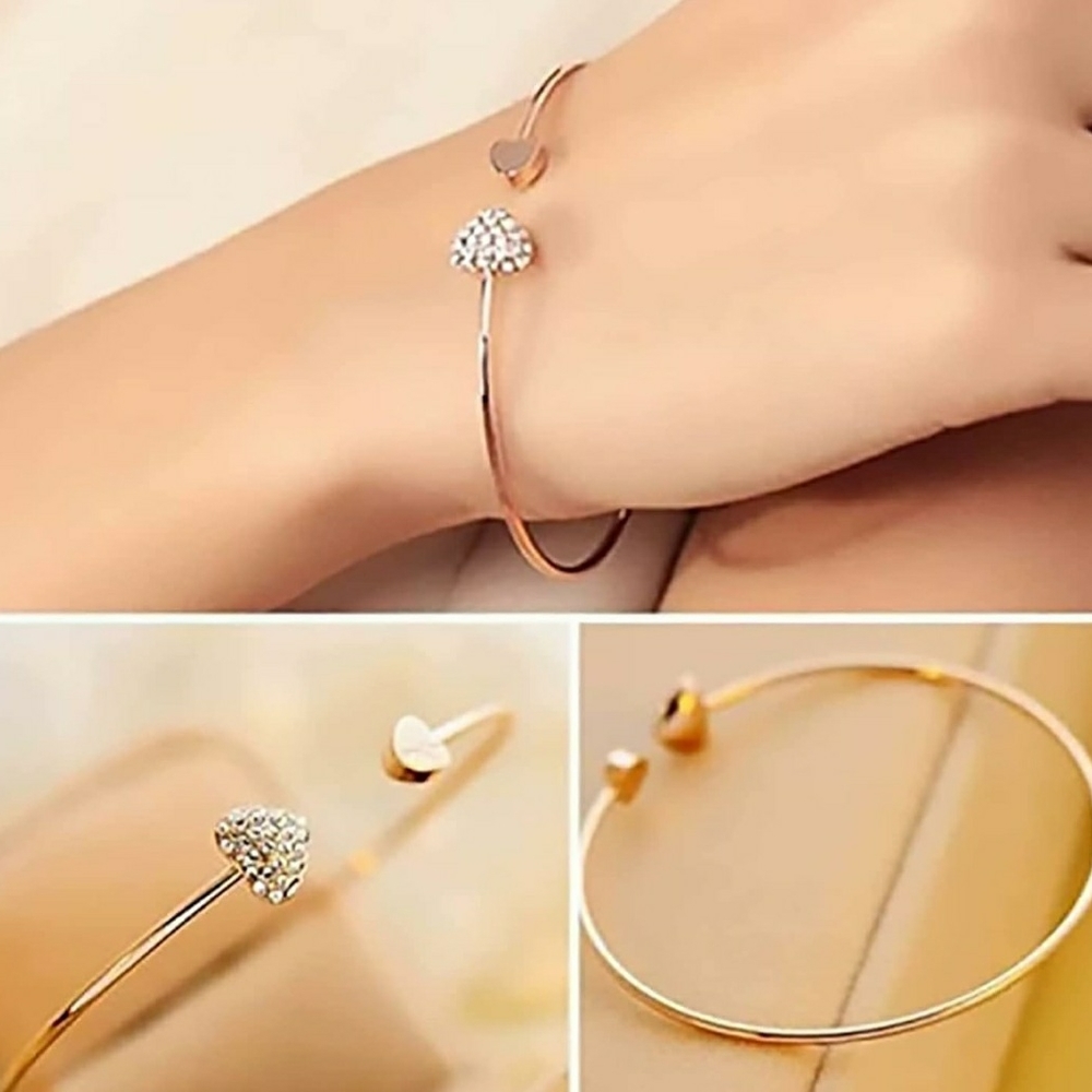 NEW Gold Open Bangle Cuff Heart  Bracelet with Rhinestones Adjustable
